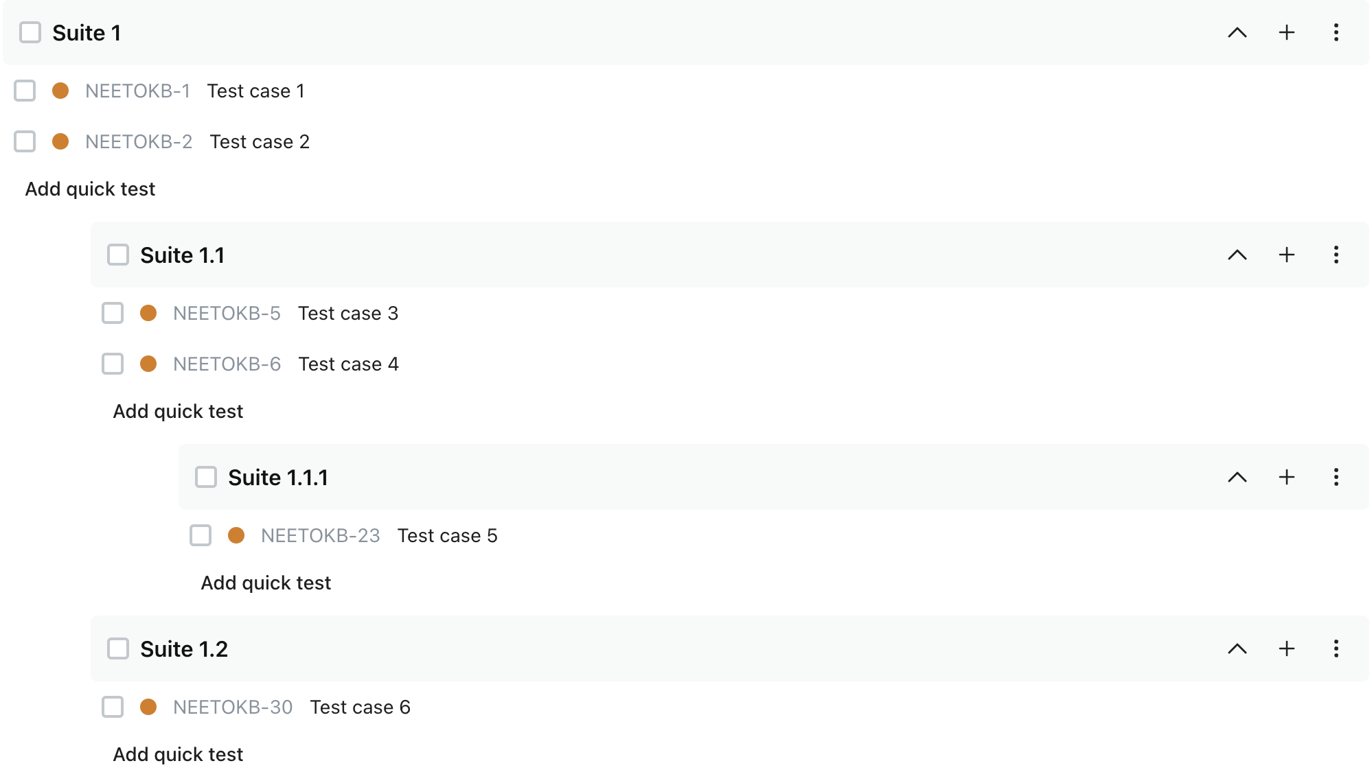 Suites displayed with their hierarchial structure in NeetoTestify