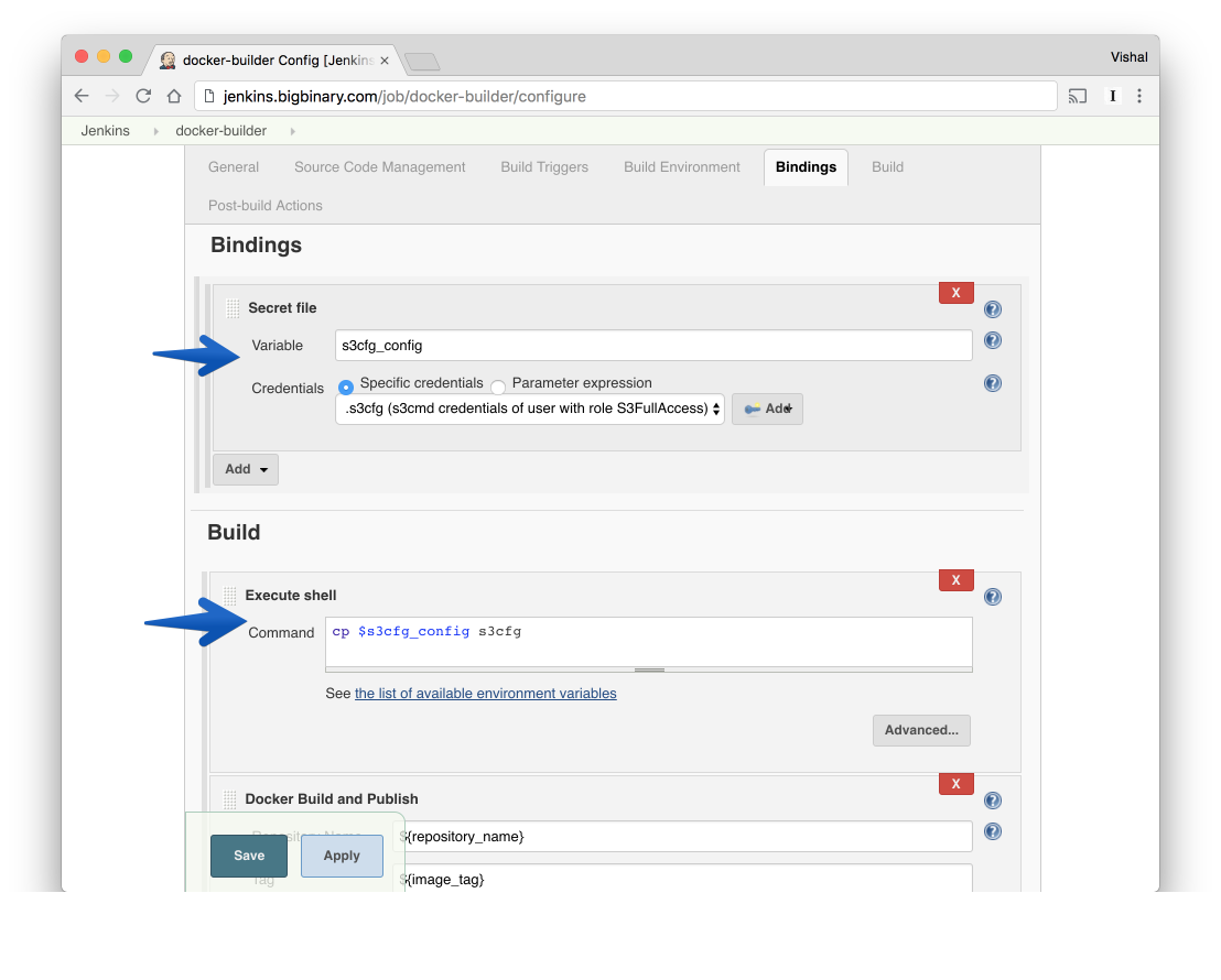 Screenshot of Jenkins configuration to inject S3 credentials in docker build command