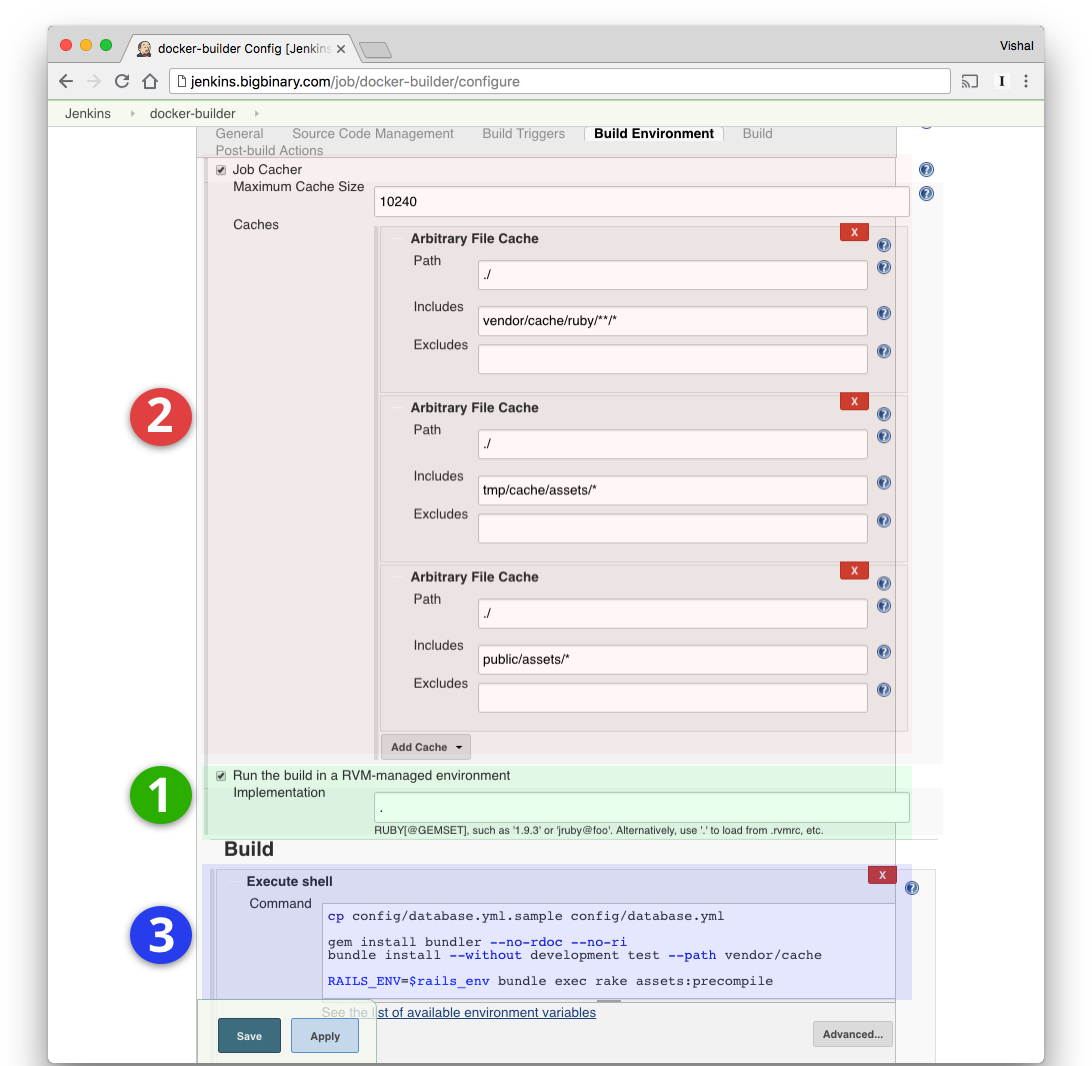 Screenshot of Jenkins configuration highlighting installation of arbitrary Ruby version and maintaining cache and bundling gems and precompiling assets outside Docker build